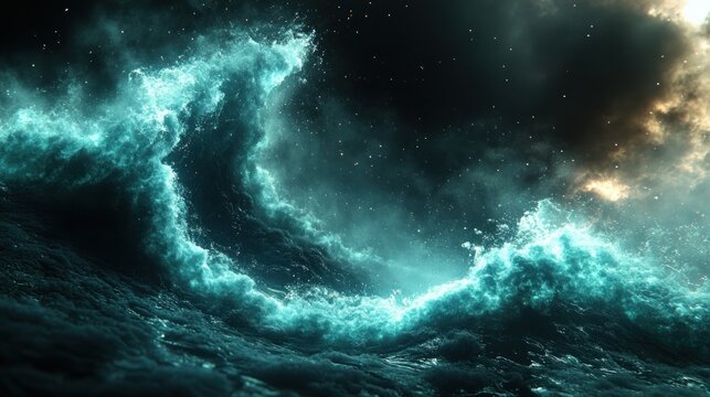 Futuristic blue digital wave flow glowing particles cyberpunk dark background technology motion abstract light pattern