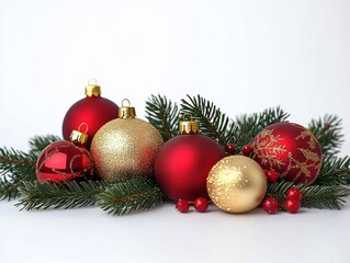 Red and Gold Christmas Ornaments on Pine Branches with White Background