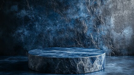 Deep blue marble podium against a textured backdrop.