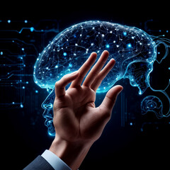 Businessman hand is touching the virtual graphic.
