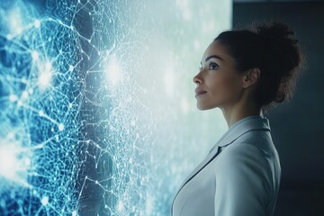A businesswoman contemplates a complex network visualized on a large digital screen, representing data analysis and strategic thinking.