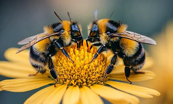 Close-up of two bumblebees pollinating a vibrant yellow flower in a sunny garden setting