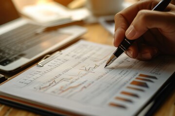 A person analyzes financial data with graphs and charts using a pen on a clipboard.