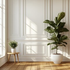 Interior corner features decorative wall paneling and potted plants