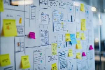 A whiteboard covered in sticky notes and hand-drawn website mockups showcasing a collaborative design process.