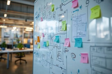 A whiteboard covered in diagrams, sketches, and sticky notes displays a collaborative brainstorming session in a modern office setting.