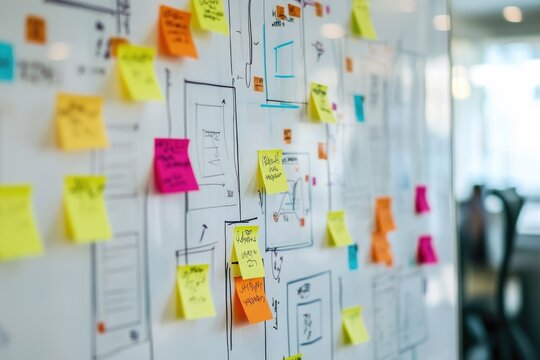 A whiteboard covered in colorful sticky notes and hand-drawn diagrams, showcasing a collaborative brainstorming session.