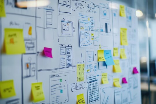 A whiteboard covered in sticky notes and hand-drawn website mockups showcasing a collaborative design process.