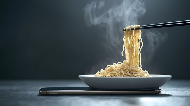 Steaming bowl of savory ramen noodles emerging from a smartphone with chopsticks lifting the delicious strands of Japanese cuisine  A fusion of digital technology and traditional Asian food
