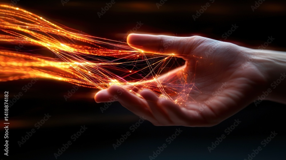 Canvas Prints hand interacts with fiery digital network