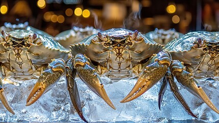 mud crabs on ice displayed in a seafood market stall, highlighting freshness and food safety practices in commercial seafood trade mud crab seafood raw ice market stall freshness trade safety 
