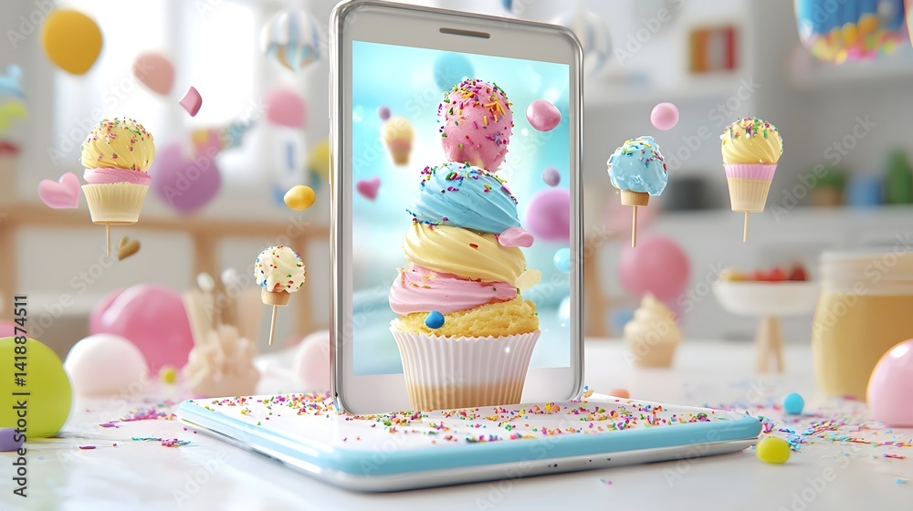 Fototapete a vibrant digital scoop of colorful ice cream floating out of a playful modern dessert app interface