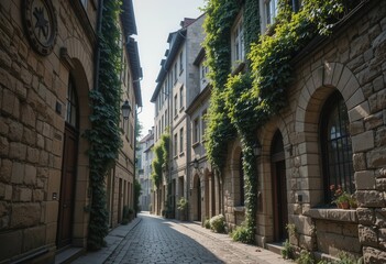 Obraz premium Narrow cobblestone street surrounded by historical buildings in a quiet European town
