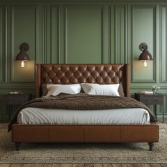 Fototapeta premium Luxurious bedroom showcases a brown leather bed with green walls