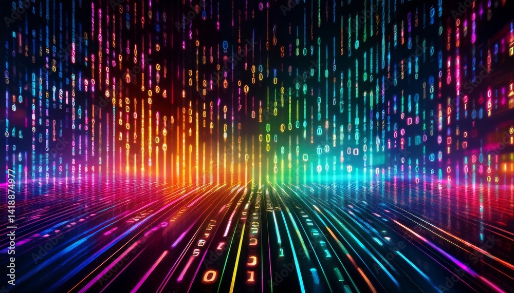 Fototapete binary code, colored numbers on black background