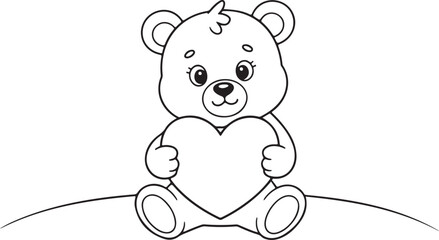 Vector art depicts an outlined teddy bear sitting while holding a heart. Intended for graphic resources, keywords include "teddy bear," "heart," and "love."