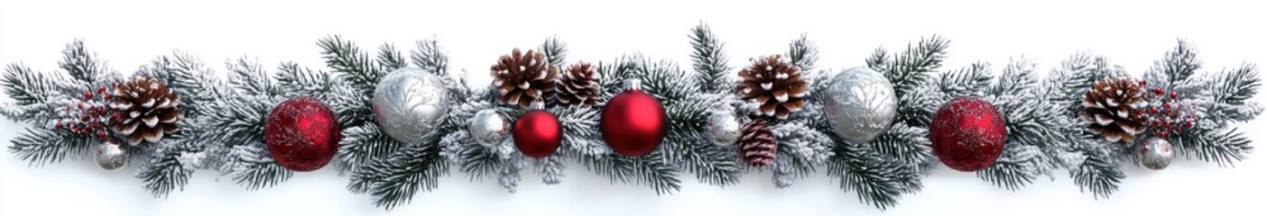 Festive Christmas Garland with Frosted Pine Branches Red Ornaments Silver Baubles Pine Cones Symmetrical Design