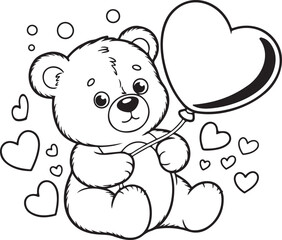 Black and white line art of a teddy bear holding a heart balloon, surrounded by floating hearts. A sweet, simple illustration for Valentine's Day or a children's project.