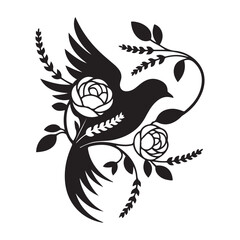 Elegant Vector Black silhouettes Bird and Floral Design. with white background