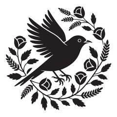 Elegant Vector Black silhouettes Bird and Floral Design. with white background