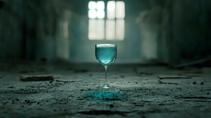 Enchanted levitating goblet filled with glowing blue liquid a mystical and otherworldly fantasy scene of arcane sorcery and ritual