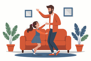 Cheerful father dances with his daughter in living room. Fun family time at home