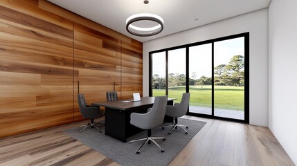 Modern Office Interior with Wood Wall and Green Field View