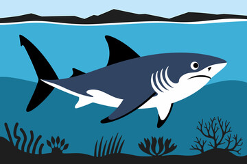 Obraz premium Stylized Blue Shark Swimming Underwater Cartoon Vector Illustration