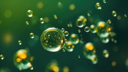 A close-up of iridescent bubbles floating in a vibrant green background, with shimmering golden and white highlights