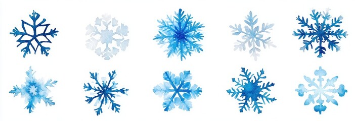 Watercolor snowflakes set blue hand-drawn doodle winter holiday decoration