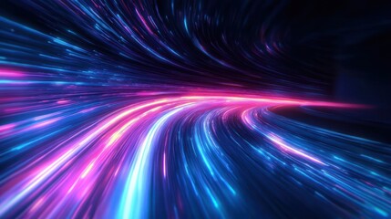 Futuristic neon light trails with dynamic flow in blue and purple cyberpunk style on dark background