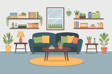Cozy living room interior with couch, shelves, and plants illustration