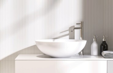 White round washbasin on vanity cabinet counter in bathroom with soap dispenser, towel in sunlight on wainscot wall for modern, luxury beauty, cosmetic, skincare, body care background 3D