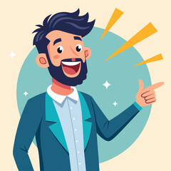 Happy man pointing into a blank copy space spot with two hands