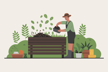 Gardener Composting Organic Waste in a Wooden Bin Illustration