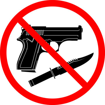 Prohibition of using firearms and sharp weapons. No gun, no pistol, no knife. vector illustration of gun and knife.