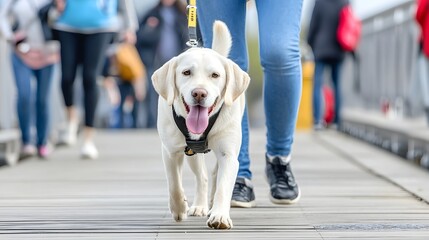 A guide dog carefully leading a visually impaired person across a pedestrian bridge in a busy urban setting providing assistance and support for safe and independent mobility