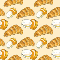 Seamless Pattern with Croissants, Eggs, and Orange Slices