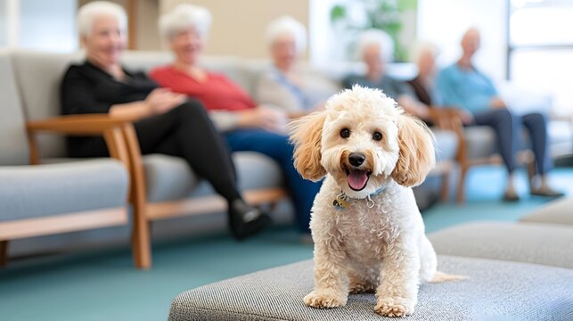 Adorable and cuddly therapy dog providing comfort and companionship to elderly residents in a retirement home bringing smiles and happiness to the seniors