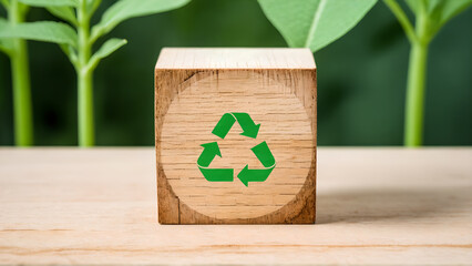 Eco-Friendly Home: A wooden cube with a recycle symbol rests beside fresh greenery, showcasing the concept of sustainable living and environmental responsibility.