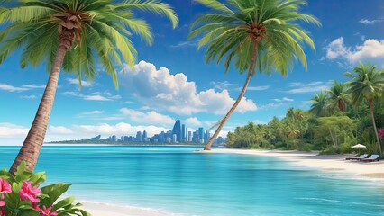 Naklejka premium A serene tropical beach scene featuring a calm turquoise lagoon bordered by soft white sand