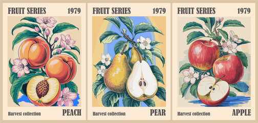 Set of abstract Fruit Market retro posters. Trendy kitchen gallery wall art with peach, pear, apple. Modern naive groovy interior paintings. Vector art illustration.