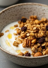 Fototapeta premium Closeup of Granola with Yogurt and Honey in a Bowl