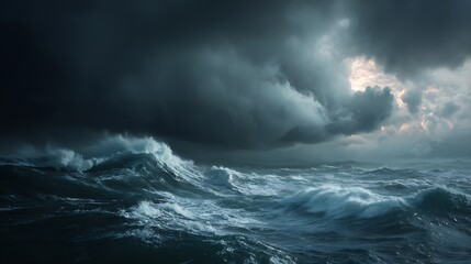 Obraz premium Turbulent ocean under a stormy sky. Dark, powerful waves crash against each other amidst a dramatic sky. Dramatic seascape