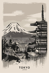 Tokyo, Japan travel destination poster in retro style. Monochrome sketch style vector illustration