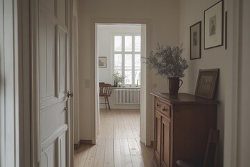 The interior features a hallway leading to a bright room