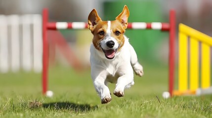 Highly skilled competition dog effortlessly weaving through an agility training course showcasing the animal s speed athleticism and perfect form