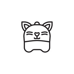 A line art illustration of a cat-shaped hat or bag. It features pointed ears, stylized eyes, a nose, and whiskers. Simple and cute.