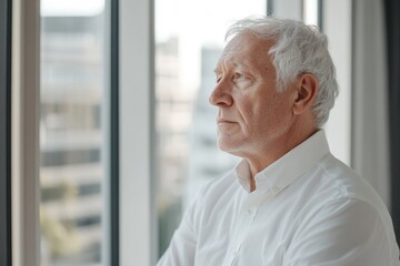 A contemplative senior man in a white shirt looks out a window, lost in thought.