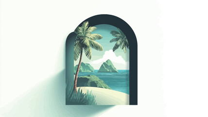 A digital illustration depicts a stylized tropical seascape seen through an arched frame. In the scene, two palm trees surround a pristine beach, with small islands visible in the calm water.